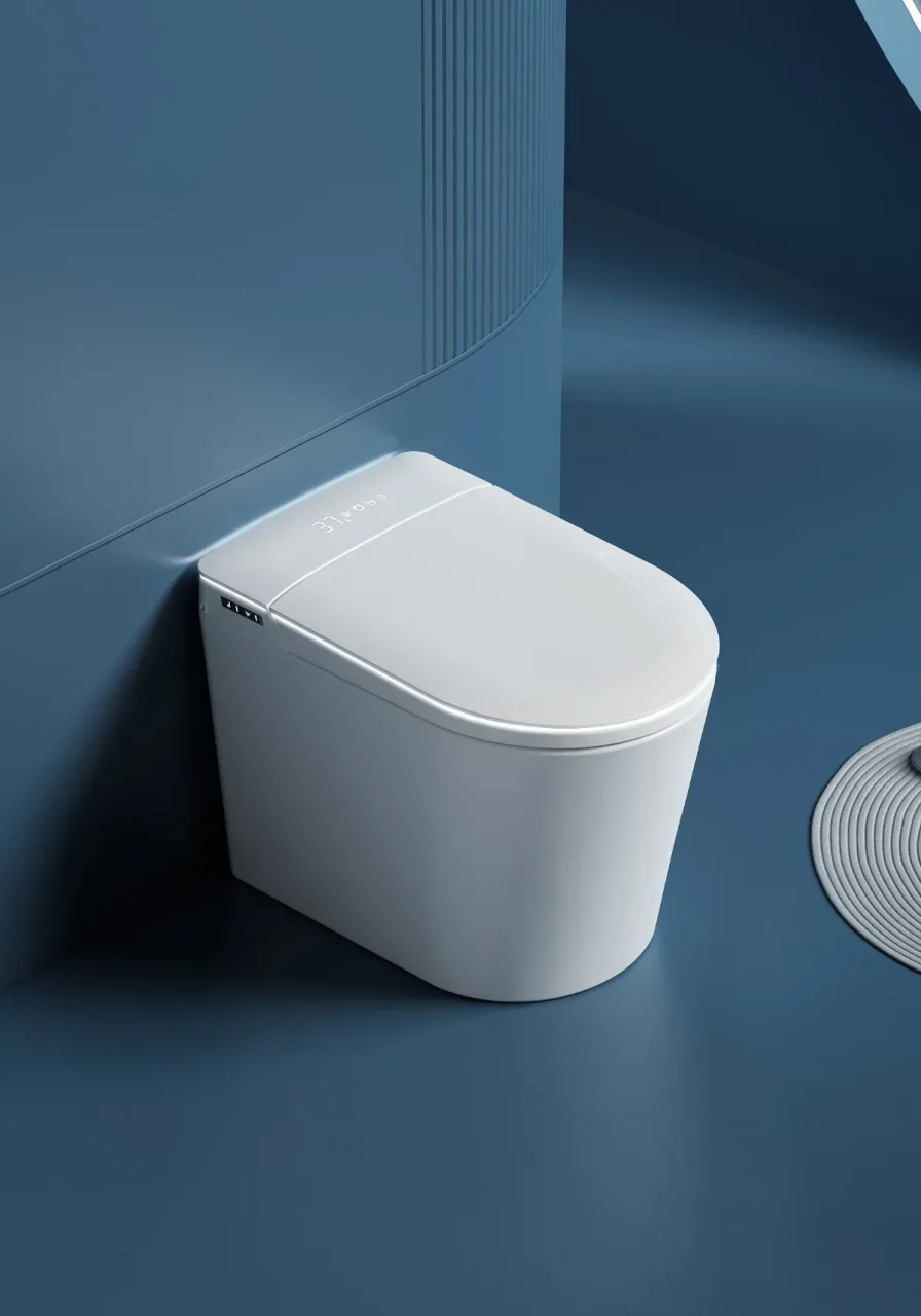THRON Dusch-WC stehend in Weiß mit integriertem Spülkasten, Deckel geschlossen, schräg von oben